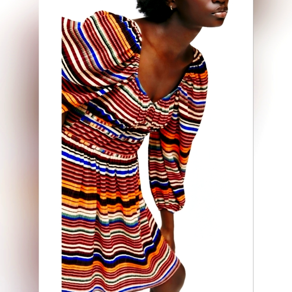 Zara Striped Long Balloon Sleeve Size L Dress Multi Color